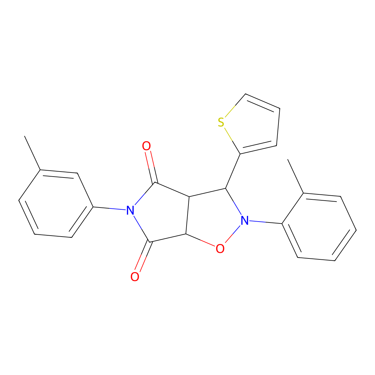 3-(thiophen-2-yl)-5-(m-tolyl)-2-(o-tolyl)dihydro-2H-pyrrolo[3,4-d]isoxazole-4,6(5H,6aH)-dione molecular structure, CAS 1005060-09-2