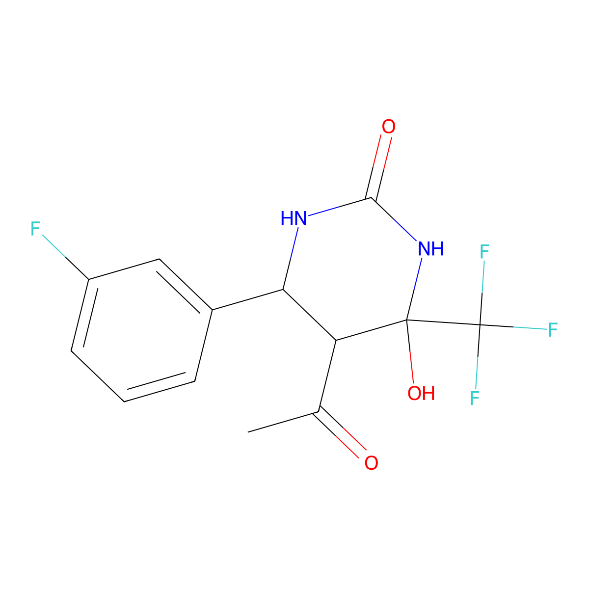 5-acetyl-6-(3-fluorophenyl)-4-hydroxy-4-(trifluoromethyl)tetrahydropyrimidin-2(1H)-one molecular structure, CAS 1005064-14-1