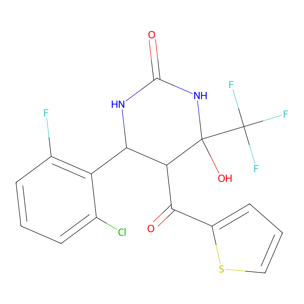 6-(2-Chloro-6-fluorophenyl)-4-hydroxy-5-(thiophene-2-carbonyl)-4-(trifluoromethyl)-1,3-diazinan-2-one molecular structure, CAS 1005065-25-7