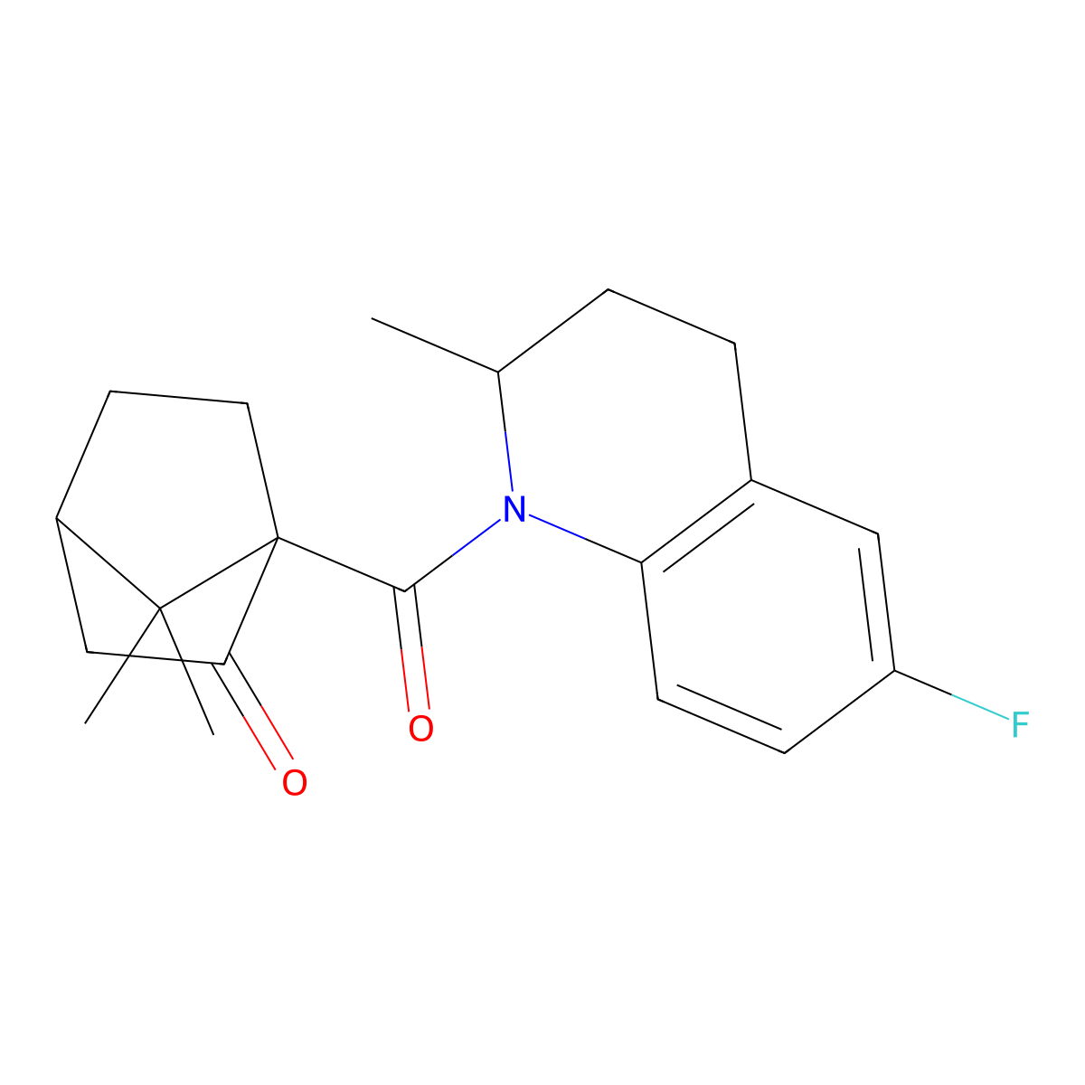1-[(6-fluoro-2-methyl-3,4-dihydroquinolin-1(2H)-yl)carbonyl]-7,7-dimethylbicyclo[2.2.1]heptan-2-one molecular structure, CAS 1005065-39-3