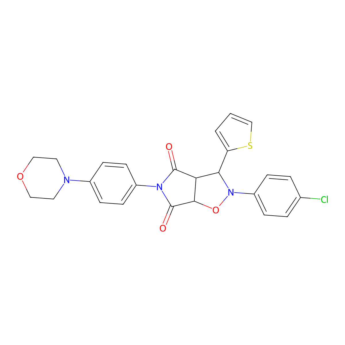 2-(4-chlorophenyl)-5-(4-morpholinophenyl)-3-(thiophen-2-yl)dihydro-2H-pyrrolo[3,4-d]isoxazole-4,6(5H,6aH)-dione molecular structure, CAS 1005065-89-3