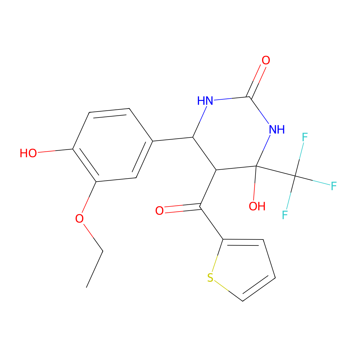 6-(3-Ethoxy-4-hydroxyphenyl)-4-hydroxy-5-(thiophene-2-carbonyl)-4-(trifluoromethyl)-1,3-diazinan-2-one molecular structure, CAS 1005066-22-7