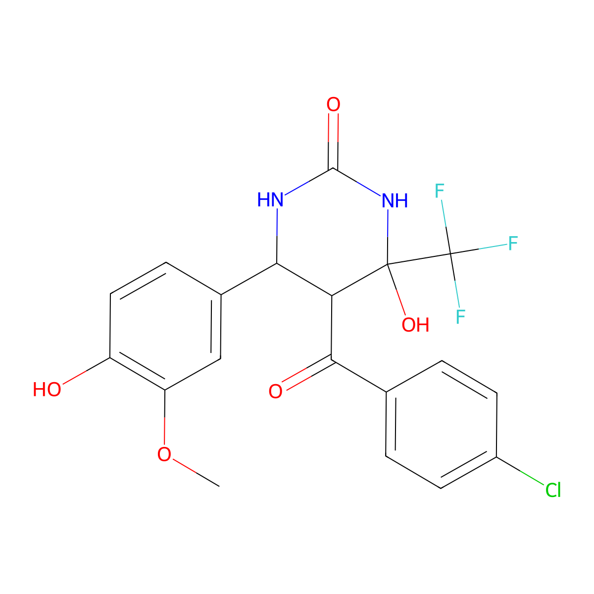 5-(4-chlorobenzoyl)-4-hydroxy-6-(4-hydroxy-3-methoxyphenyl)-4-(trifluoromethyl)tetrahydropyrimidin-2(1H)-one molecular structure, CAS 1005066-35-2