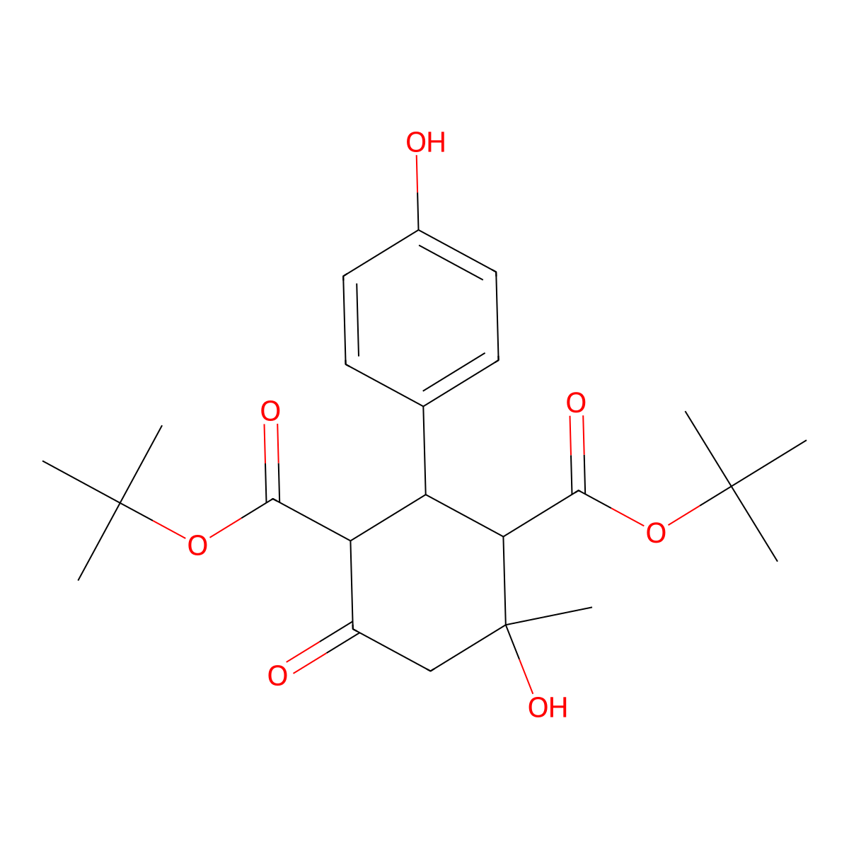 Di-tert-butyl 4-hydroxy-2-(4-hydroxyphenyl)-4-methyl-6-oxocyclohexane-1,3-dicarboxylate molecular structure, CAS 1005066-53-4