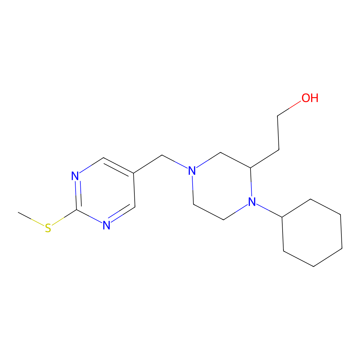 2-(1-Cyclohexyl-4-{[2-(methylthio)pyrimidin-5-yl]methyl}piperazin-2-yl)ethanol molecular structure, CAS 1005067-06-0