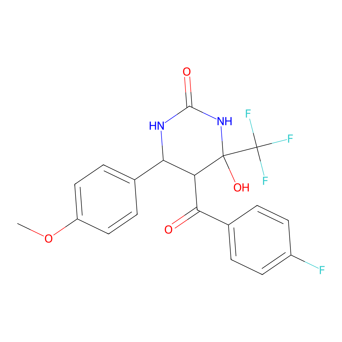 5-(4-Fluorobenzoyl)tetrahydro-4-hydroxy-6-(4-methoxyphenyl)-4-(trifluoromethyl)-2(1H)-pyrimidinone molecular structure, CAS 1005068-68-7