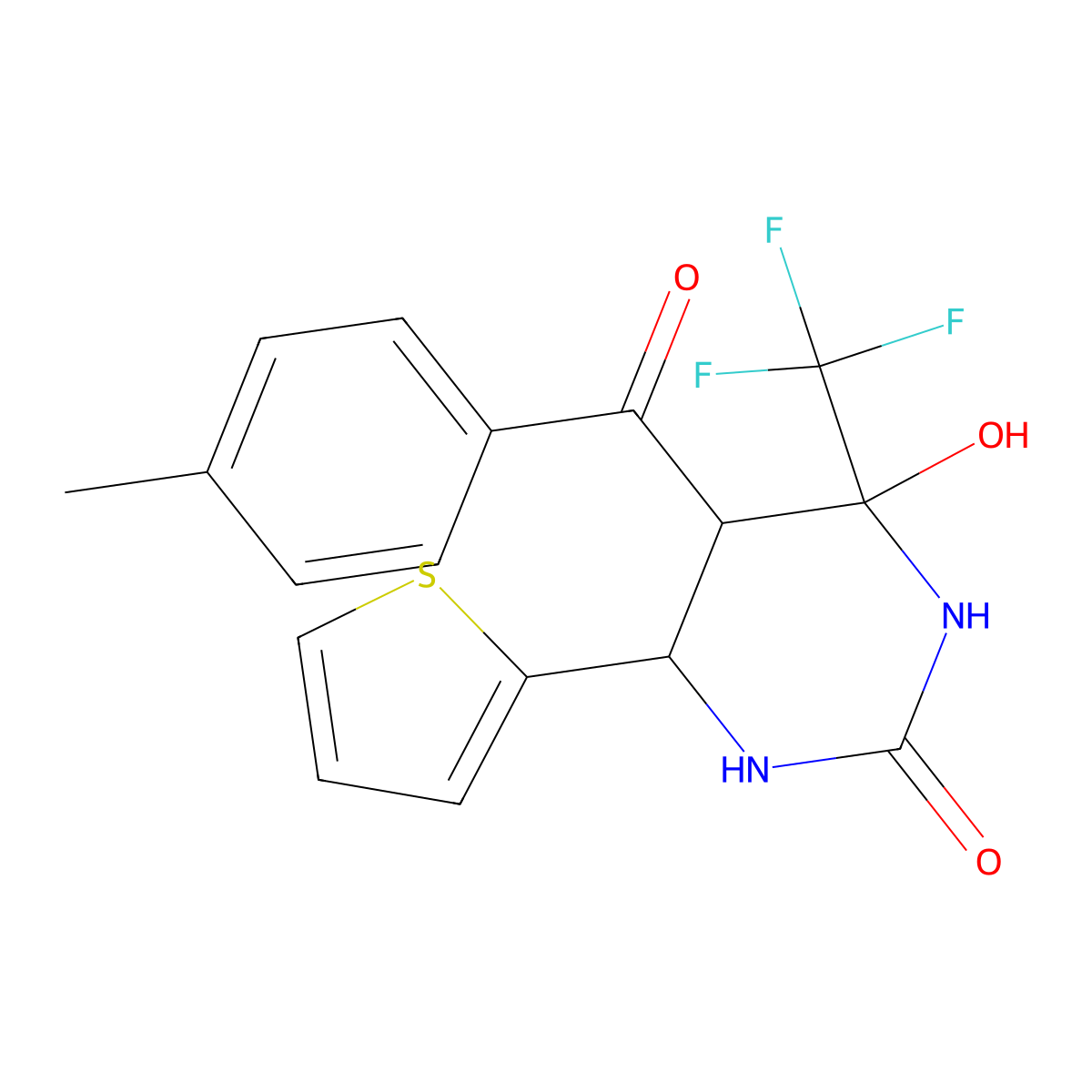 4-hydroxy-5-(4-methylbenzoyl)-6-thien-2-yl-4-(trifluoromethyl)tetrahydropyrimidin-2(1H)-one molecular structure, CAS 1005068-69-8
