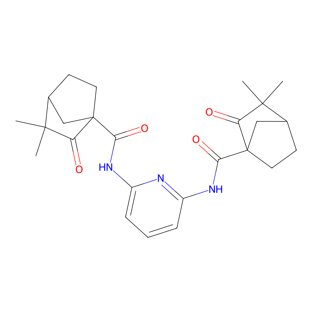 N-[6-[(2,2-dimethyl-3-oxobicyclo[2.2.1]heptane-4-carbonyl)amino]pyridin-2-yl]-2,2-dimethyl-3-oxobicyclo[2.2.1]heptane-4-carboxamide molecular structure, CAS 1005069-11-3