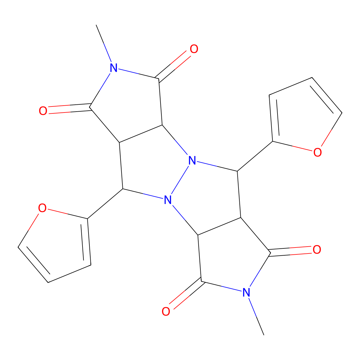 5,10-di(furan-2-yl)-2,7-dimethyltetrahydropyrrolo[3,4-c]pyrrolo[3',4':4,5]pyrazolo[1,2-a]pyrazole-1,3,6,8(2H,3aH,7H,8aH)-tetraone molecular structure, CAS 1005069-31-7