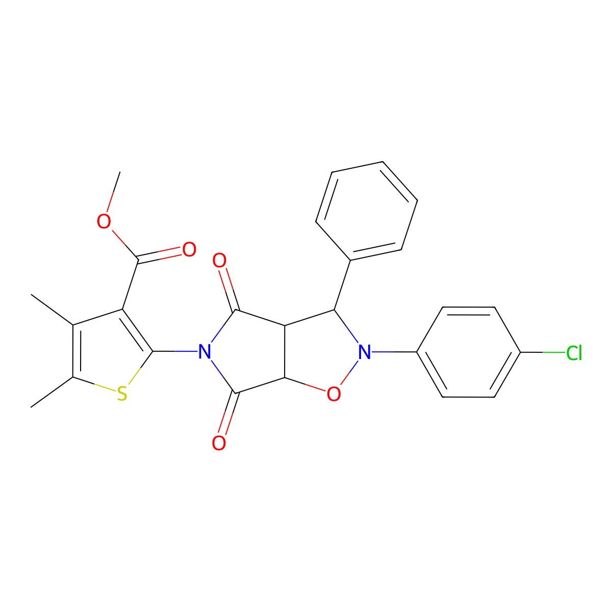 methyl 2-(2-(4-chlorophenyl)-4,6-dioxo-3-phenyltetrahydro-2H-pyrrolo[3,4-d]isoxazol-5(3H)-yl)-4,5-dimethylthiophene-3-carboxylate molecular structure, CAS 1005070-75-6