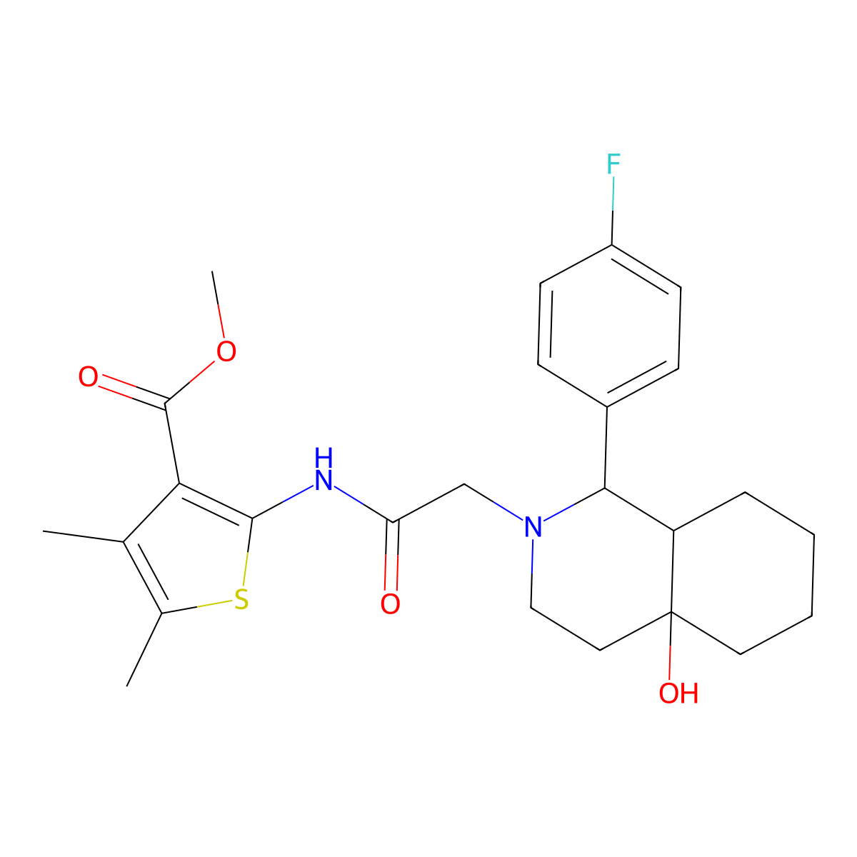 2-{2-[1-(4-Fluoro-phenyl)-4a-hydroxy-octahydro-isoquinolin-2-yl]-acetylamino}-4,5-dimethyl-thiophene-3-carboxylic acid methyl ester molecular structure, CAS 1005072-62-7
