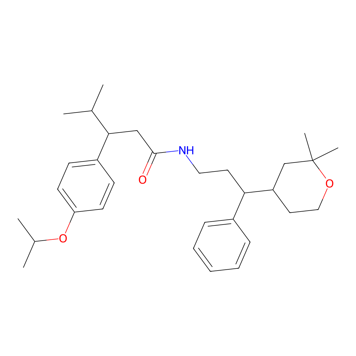 N-[3-(2,2-dimethyloxan-4-yl)-3-phenylpropyl]-4-methyl-3-(4-propan-2-yloxyphenyl)pentanamide molecular structure, CAS 1005073-66-4