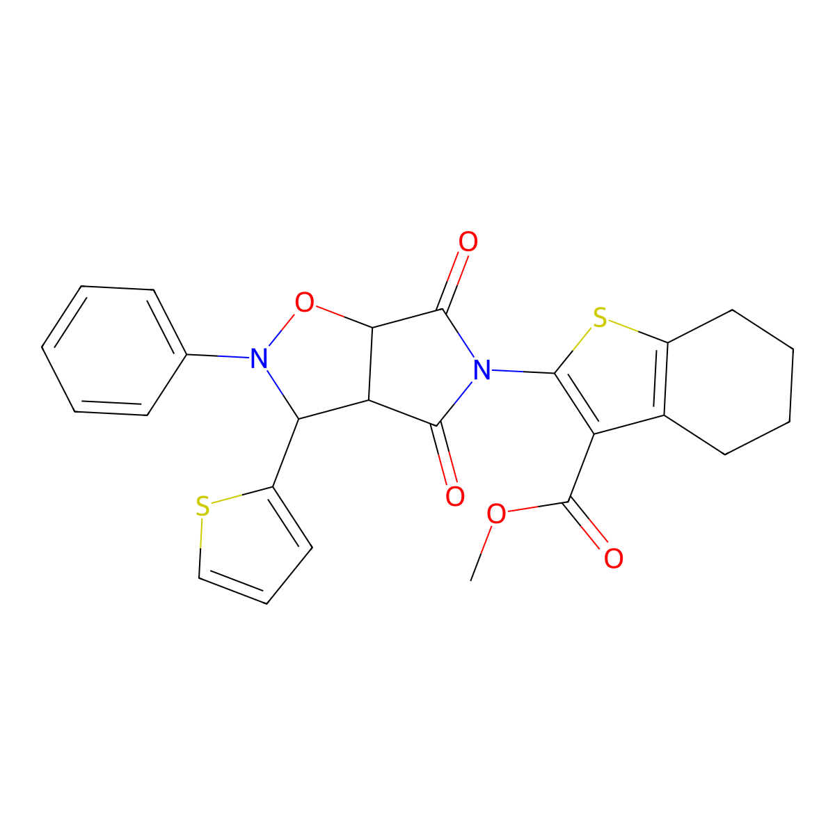 methyl 2-(4,6-dioxo-2-phenyl-3-(thiophen-2-yl)tetrahydro-2H-pyrrolo[3,4-d]isoxazol-5(3H)-yl)-4,5,6,7-tetrahydrobenzo[b]thiophene-3-carboxylate molecular structure, CAS 1005074-19-0