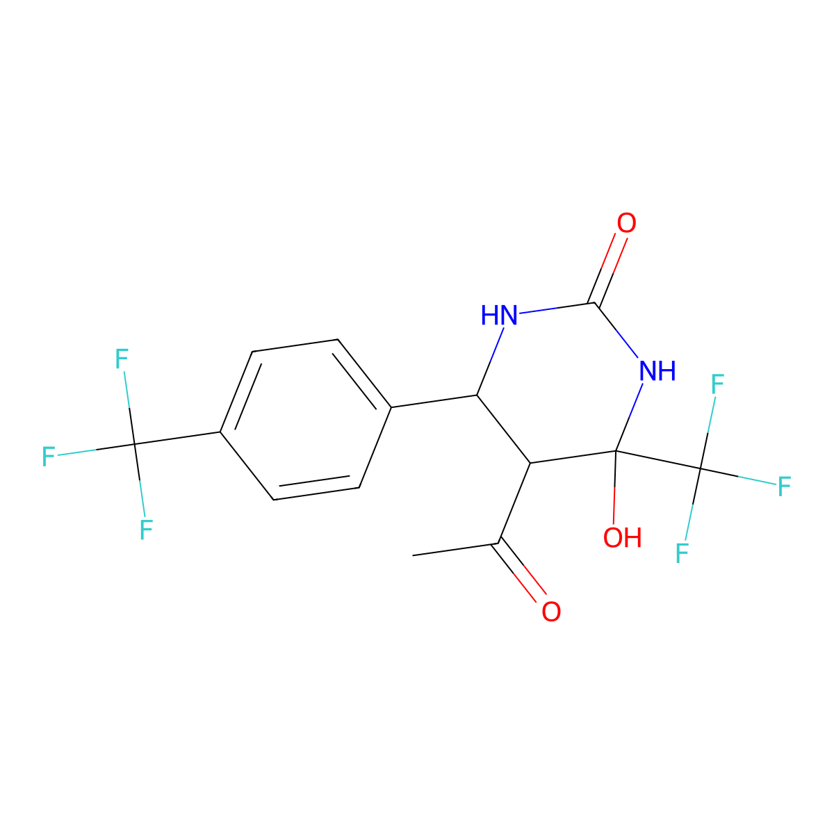 5-Acetyl-4-hydroxy-4-(trifluoromethyl)-6-[4-(trifluoromethyl)phenyl]-1,3-diazinan-2-one molecular structure, CAS 1005074-21-4