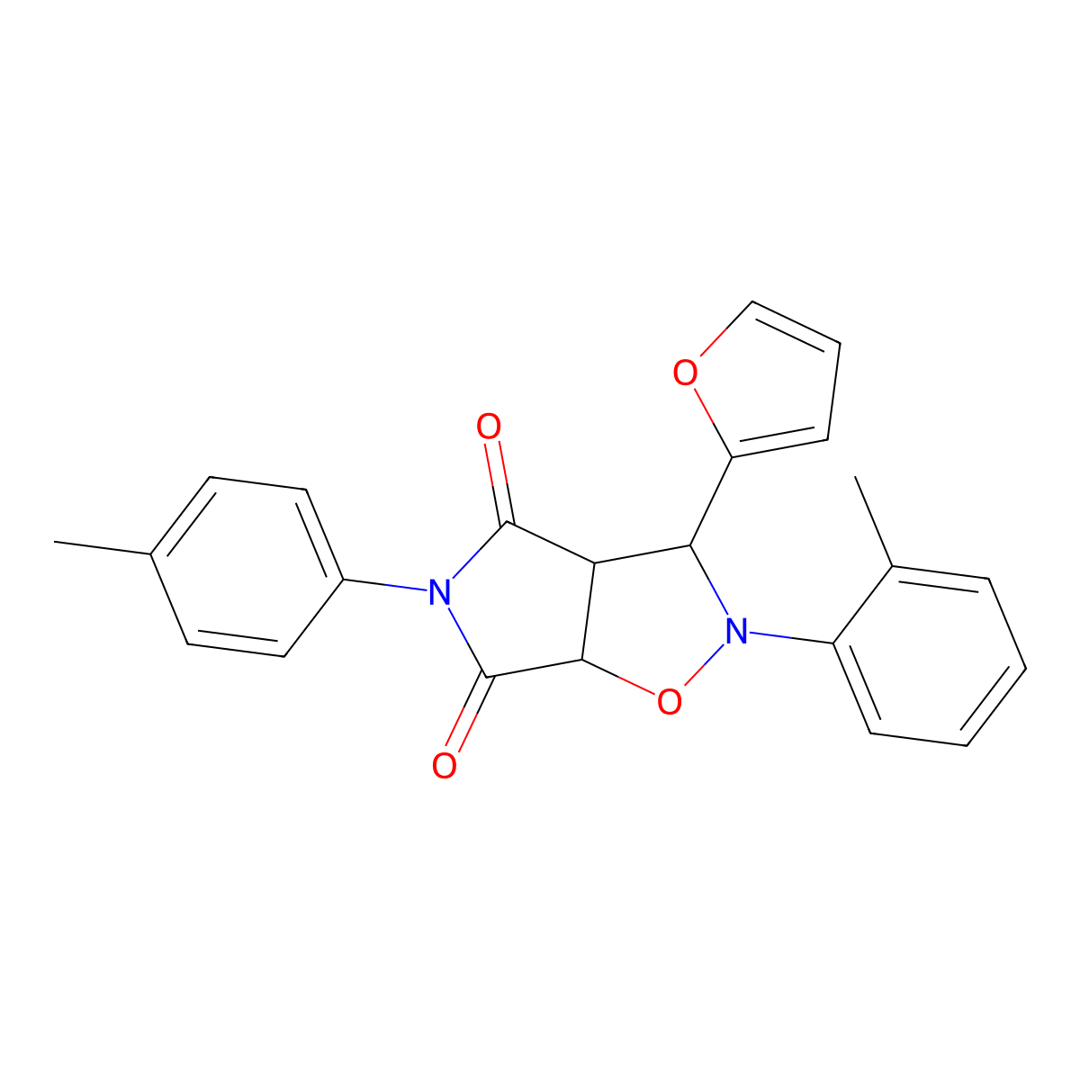 3-(furan-2-yl)-2-(o-tolyl)-5-(p-tolyl)dihydro-2H-pyrrolo[3,4-d]isoxazole-4,6(5H,6aH)-dione molecular structure, CAS 1005082-01-8