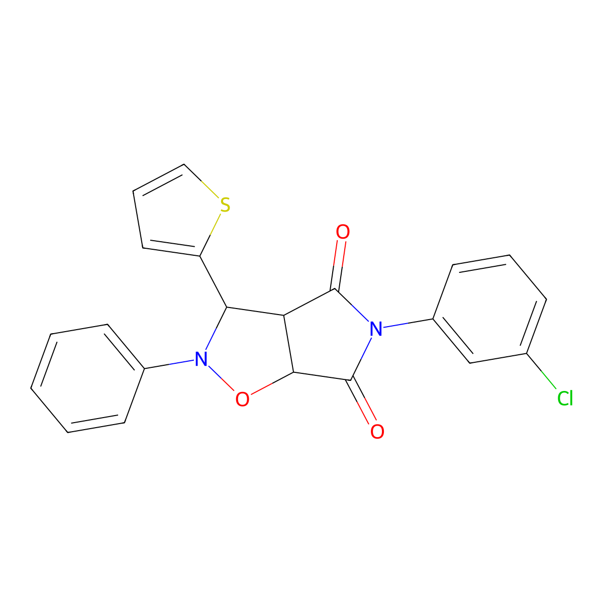 5-(3-chlorophenyl)-2-phenyl-3-(thiophen-2-yl)dihydro-2H-pyrrolo[3,4-d]isoxazole-4,6(5H,6aH)-dione molecular structure, CAS 1005082-12-1