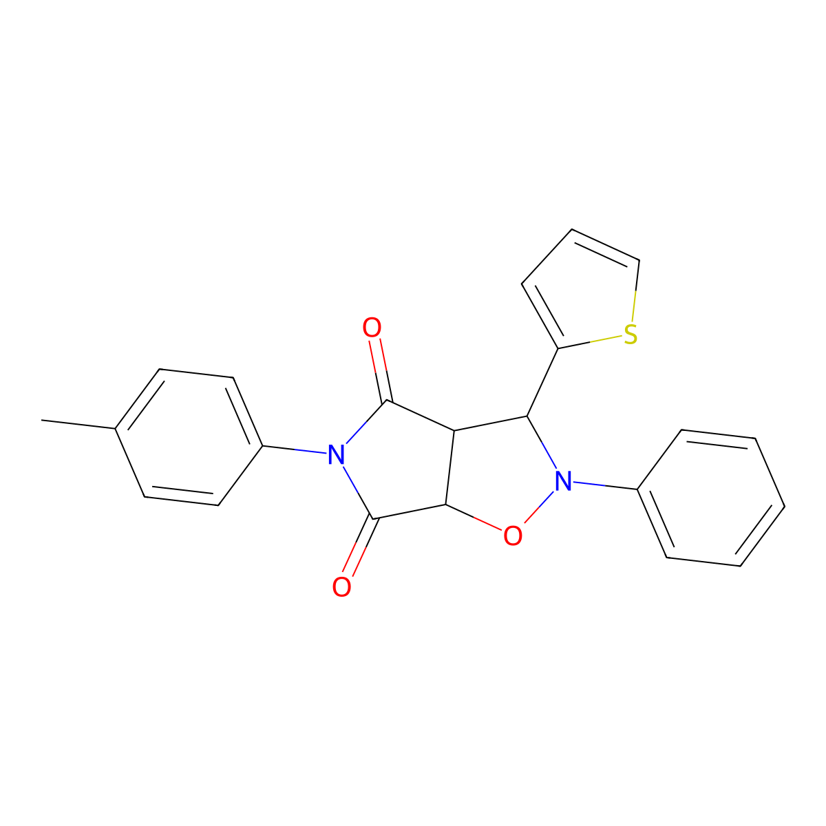 2-phenyl-3-(thiophen-2-yl)-5-(p-tolyl)dihydro-2H-pyrrolo[3,4-d]isoxazole-4,6(5H,6aH)-dione molecular structure, CAS 1005085-44-8