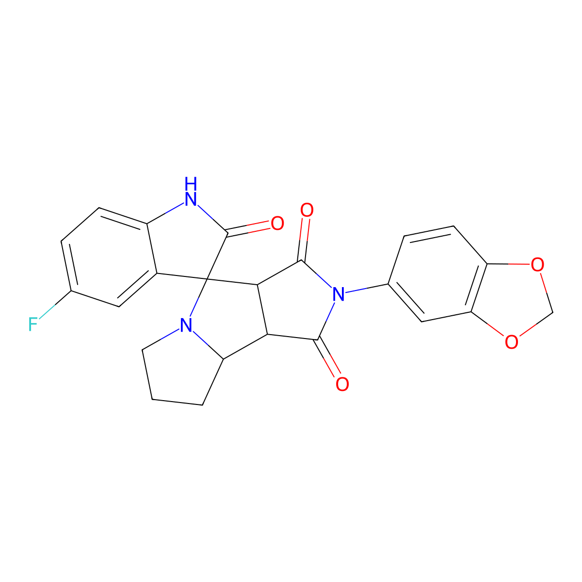 2'-(1,3-benzodioxol-5-yl)-5-fluorospiro[1H-indole-3,4'-3a,6,7,8,8a,8b-hexahydropyrrolo[3,4-a]pyrrolizine]-1',2,3'-trione molecular structure, CAS 1005085-85-7