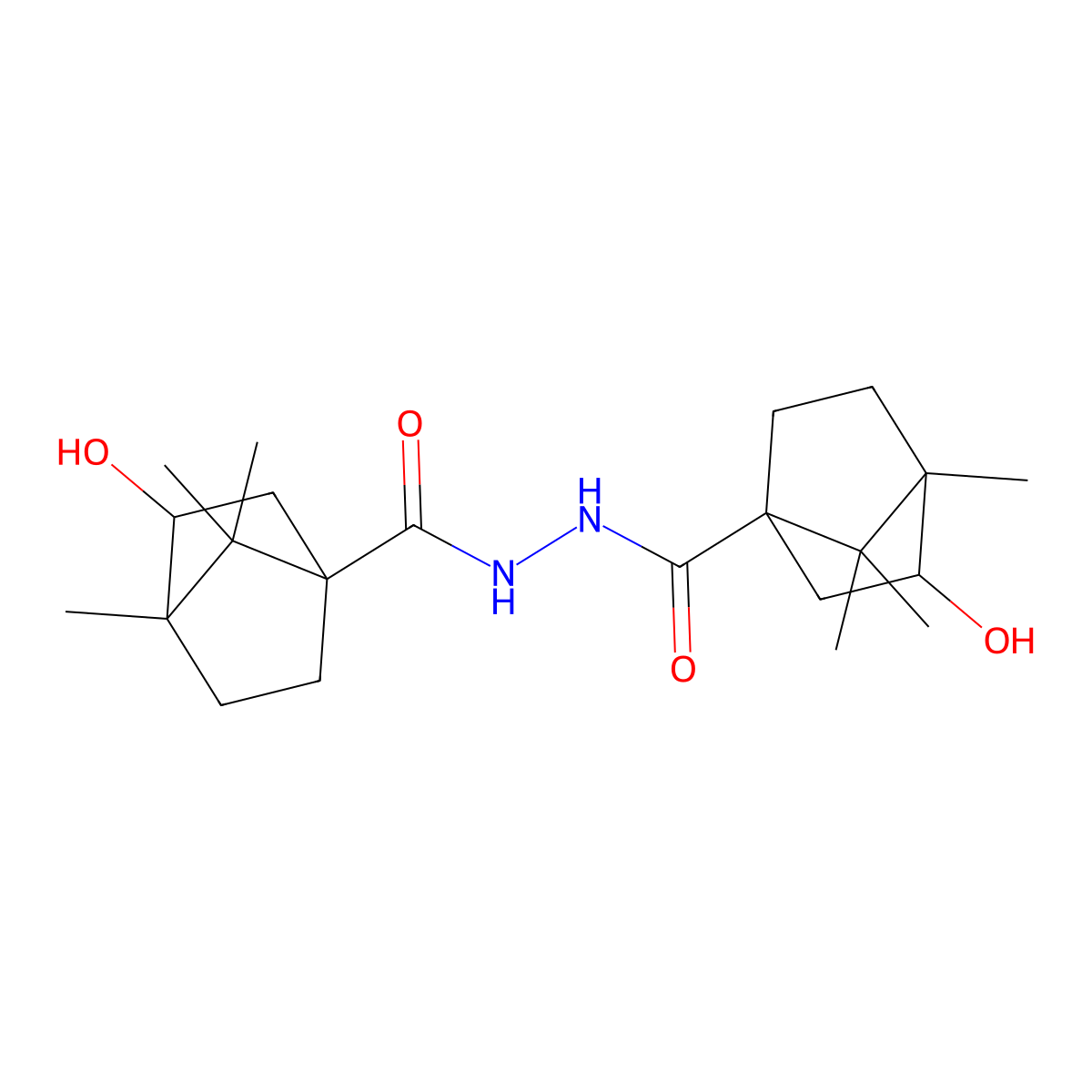 3-hydroxy-N'-[(3-hydroxy-4,7,7-trimethylbicyclo[2.2.1]hept-1-yl)carbonyl]-4,7,7-trimethylbicyclo[2.2.1]heptane-1-carbohydrazide molecular structure, CAS 1005089-09-7