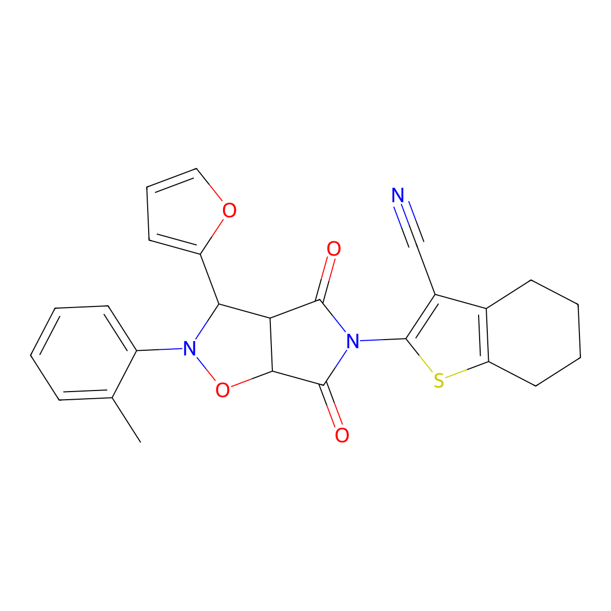 2-(3-(furan-2-yl)-4,6-dioxo-2-(o-tolyl)tetrahydro-2H-pyrrolo[3,4-d]isoxazol-5(3H)-yl)-4,5,6,7-tetrahydrobenzo[b]thiophene-3-carbonitrile molecular structure, CAS 1005089-67-7