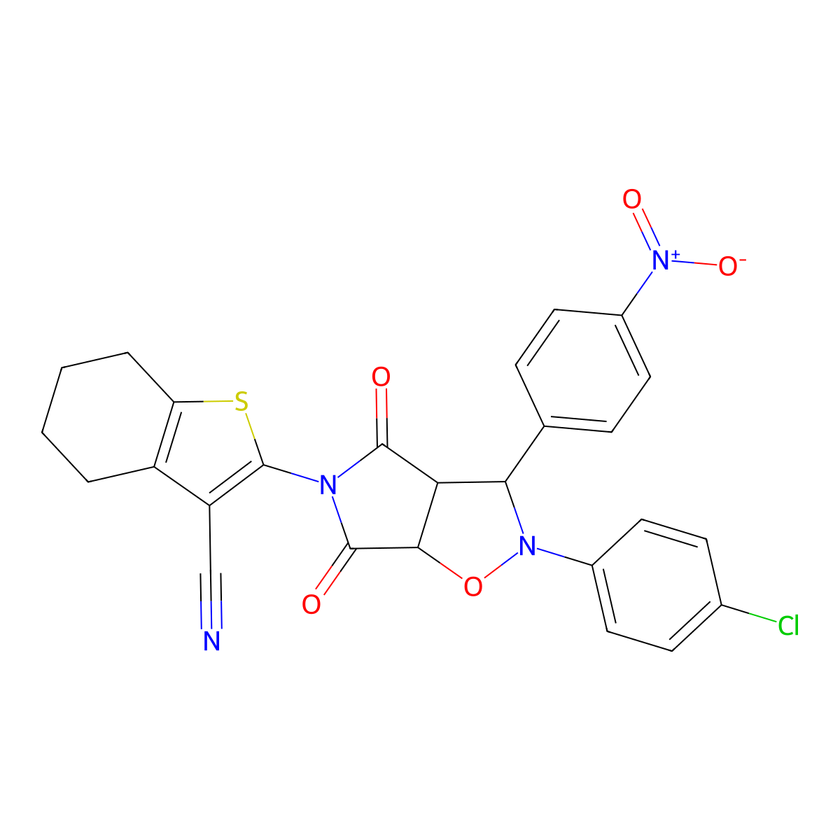 2-(2-(4-chlorophenyl)-3-(4-nitrophenyl)-4,6-dioxotetrahydro-2H-pyrrolo[3,4-d]isoxazol-5(3H)-yl)-4,5,6,7-tetrahydrobenzo[b]thiophene-3-carbonitrile molecular structure, CAS 1005089-74-6