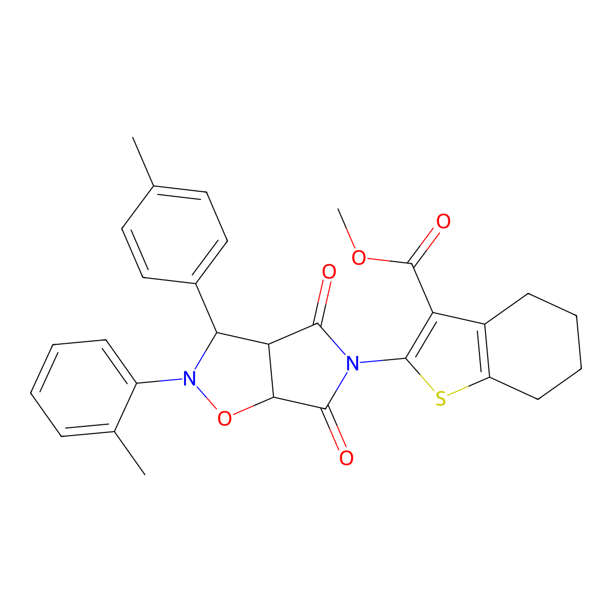 methyl 2-(4,6-dioxo-2-(o-tolyl)-3-(p-tolyl)tetrahydro-2H-pyrrolo[3,4-d]isoxazol-5(3H)-yl)-4,5,6,7-tetrahydrobenzo[b]thiophene-3-carboxylate molecular structure, CAS 1005093-66-2