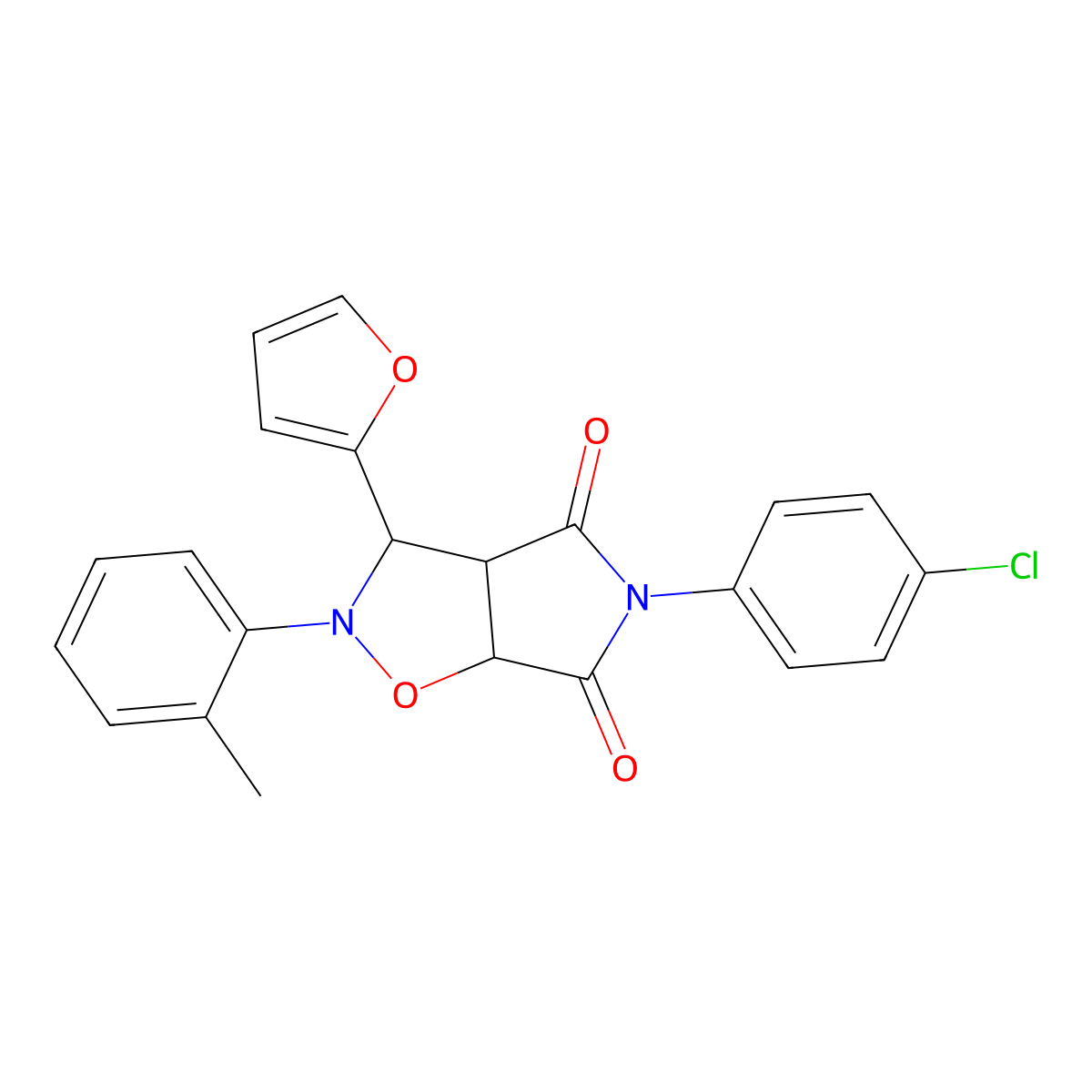 5-(4-chlorophenyl)-3-(furan-2-yl)-2-(o-tolyl)dihydro-2H-pyrrolo[3,4-d]isoxazole-4,6(5H,6aH)-dione molecular structure, CAS 1005093-74-2