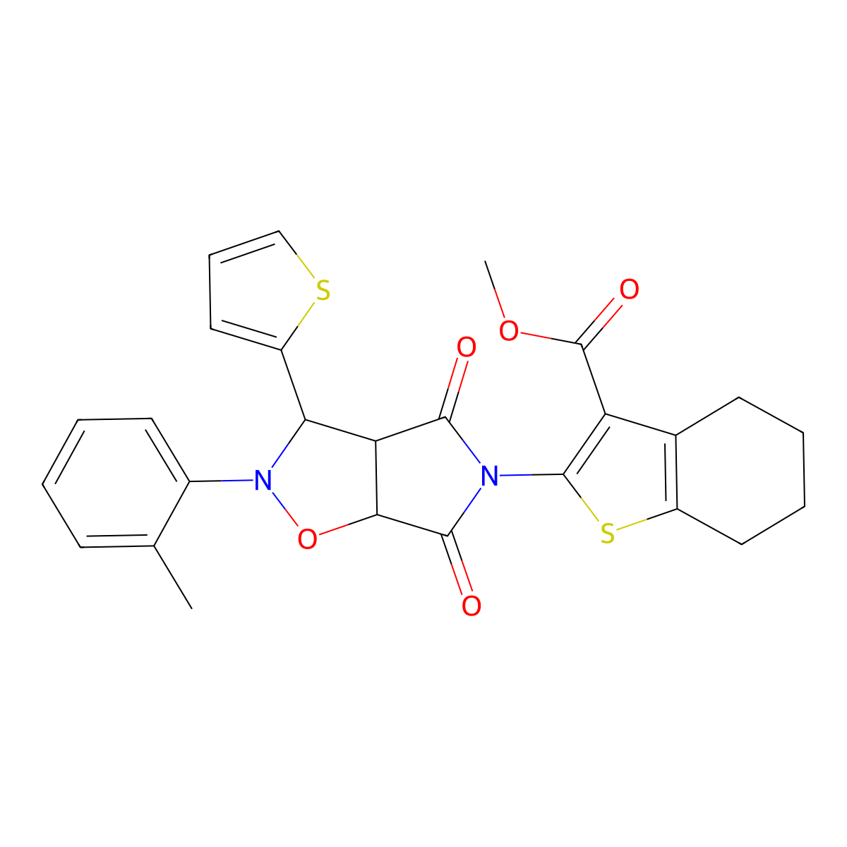 methyl 2-(4,6-dioxo-3-(thiophen-2-yl)-2-(o-tolyl)tetrahydro-2H-pyrrolo[3,4-d]isoxazol-5(3H)-yl)-4,5,6,7-tetrahydrobenzo[b]thiophene-3-carboxylate molecular structure, CAS 1005093-97-9