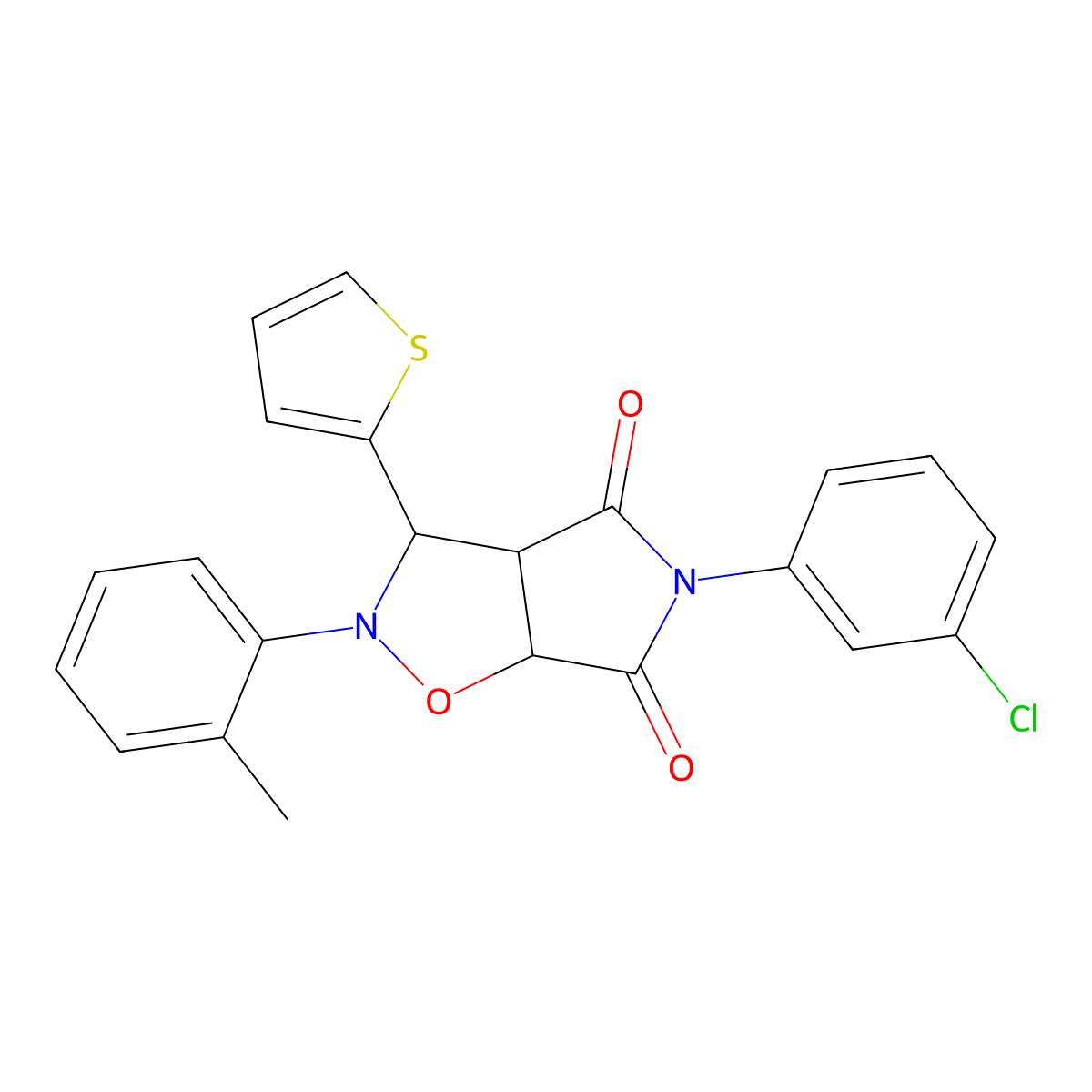 5-(3-chlorophenyl)-3-(thiophen-2-yl)-2-(o-tolyl)dihydro-2H-pyrrolo[3,4-d]isoxazole-4,6(5H,6aH)-dione molecular structure, CAS 1005094-16-5