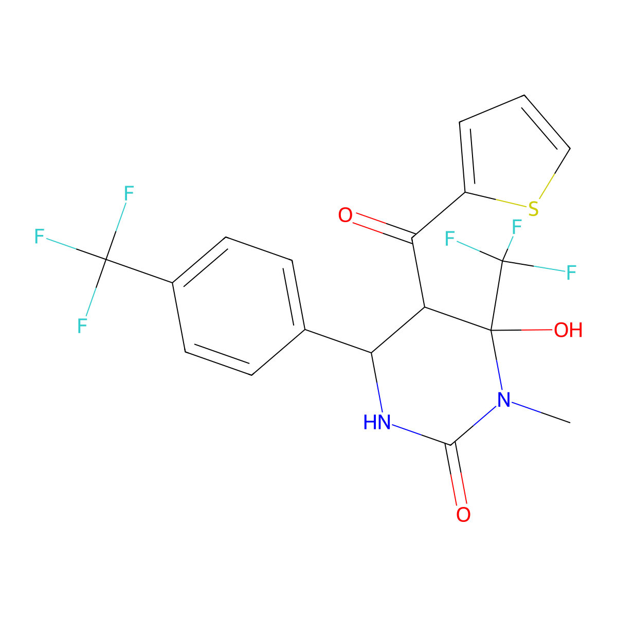 6-Hydroxy-1-methyl-5-(thiophene-2-carbonyl)-6-(trifluoromethyl)-4-[4-(trifluoromethyl)phenyl]-1,3-diazinan-2-one molecular structure, CAS 1005095-68-0