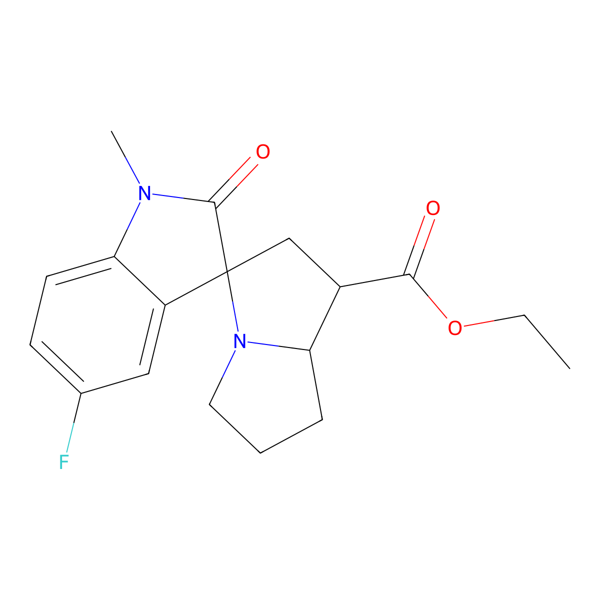 Ethyl 5'-fluoro-1'-methyl-2'-oxospiro[1,2,5,6,7,8-hexahydropyrrolizine-3,3'-indole]-1-carboxylate molecular structure, CAS 1005095-76-0
