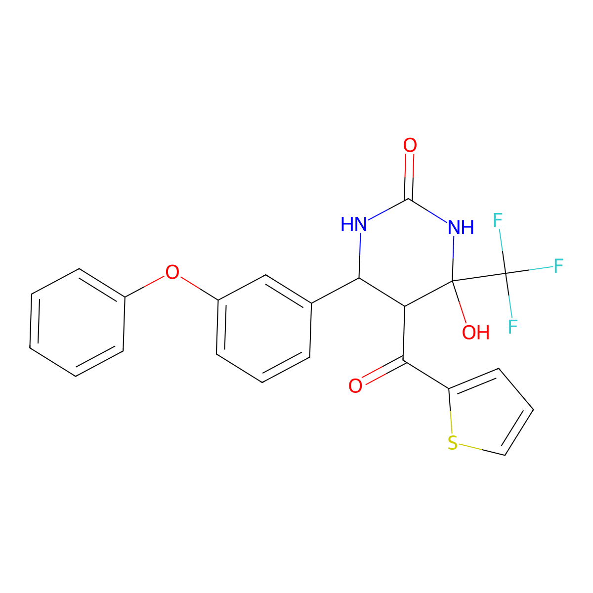 4-Hydroxy-6-(3-phenoxyphenyl)-5-(thiophene-2-carbonyl)-4-(trifluoromethyl)-1,3-diazinan-2-one molecular structure, CAS 1005096-49-0