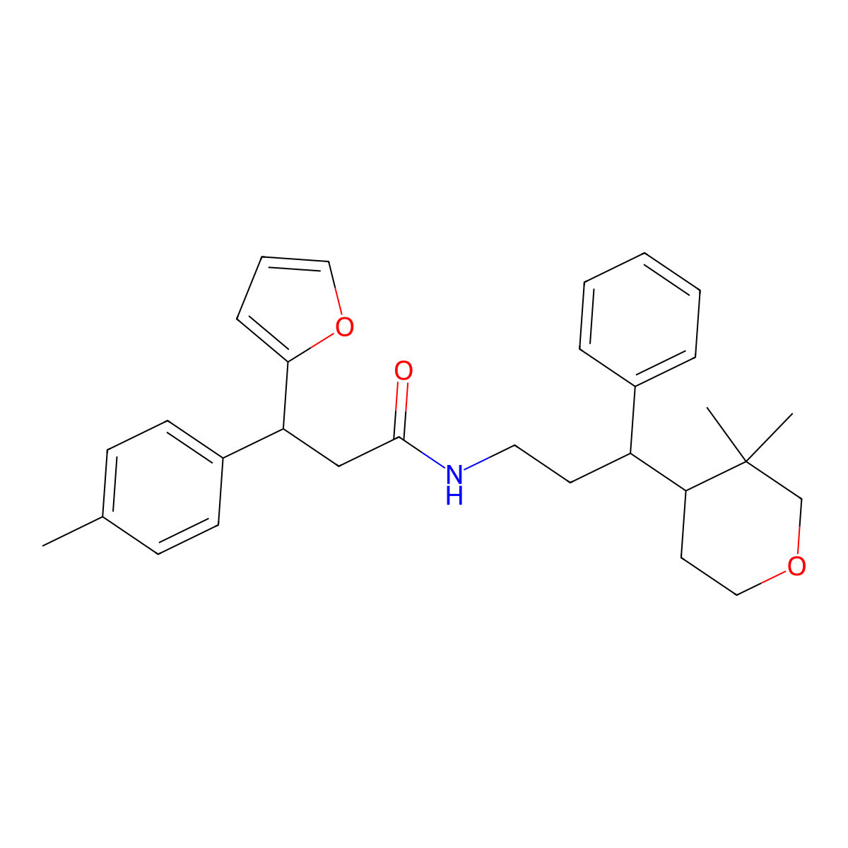 N-[3-(3,3-dimethyloxan-4-yl)-3-phenylpropyl]-3-(furan-2-yl)-3-(4-methylphenyl)propanamide molecular structure, CAS 1005099-26-2