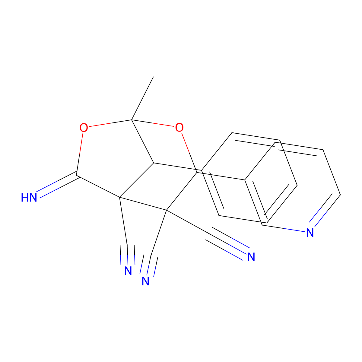 6-Imino-1-methyl-8-phenyl-3-(pyridin-3-yl)-2,7-dioxabicyclo[3.2.1]octane-4,4,5-tricarbonitrile molecular structure, CAS 1005099-27-3