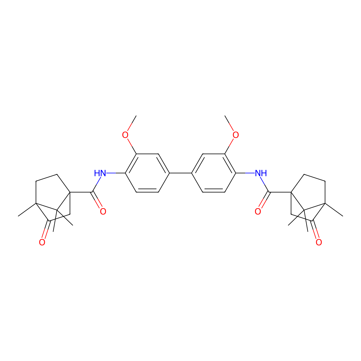 N-[2-Methoxy-4-[3-methoxy-4-[(4,7,7-trimethyl-3-oxobicyclo[2.2.1]heptane-1-carbonyl)amino]phenyl]phenyl]-4,7,7-trimethyl-3-oxobicyclo[2.2.1]heptane-1-carboxamide molecular structure, CAS 1005099-36-4