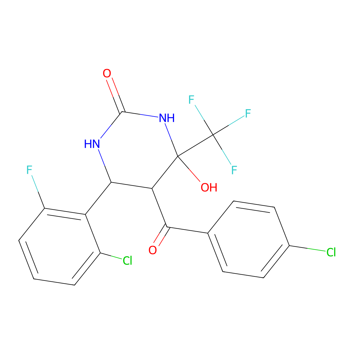 5-(4-chlorobenzoyl)-6-(2-chloro-6-fluorophenyl)-4-hydroxy-4-(trifluoromethyl)tetrahydro-2(1H)-pyrimidinone molecular structure, CAS 1005100-27-5