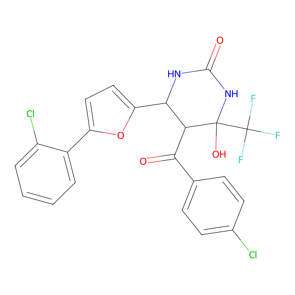 5-(4-chlorobenzoyl)-6-[5-(2-chlorophenyl)-2-furyl]-4-hydroxy-4-(trifluoromethyl)tetrahydropyrimidin-2(1H)-one molecular structure, CAS 1005106-03-5