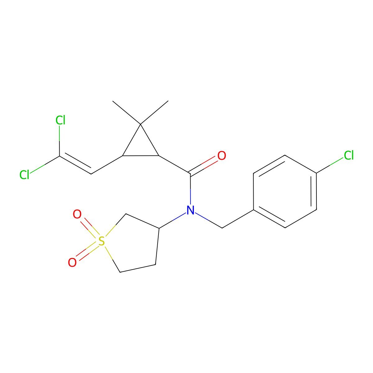 N-(4-chlorobenzyl)-3-(2,2-dichloroethenyl)-N-(1,1-dioxidotetrahydrothiophen-3-yl)-2,2-dimethylcyclopropanecarboxamide molecular structure, CAS 1005106-98-8