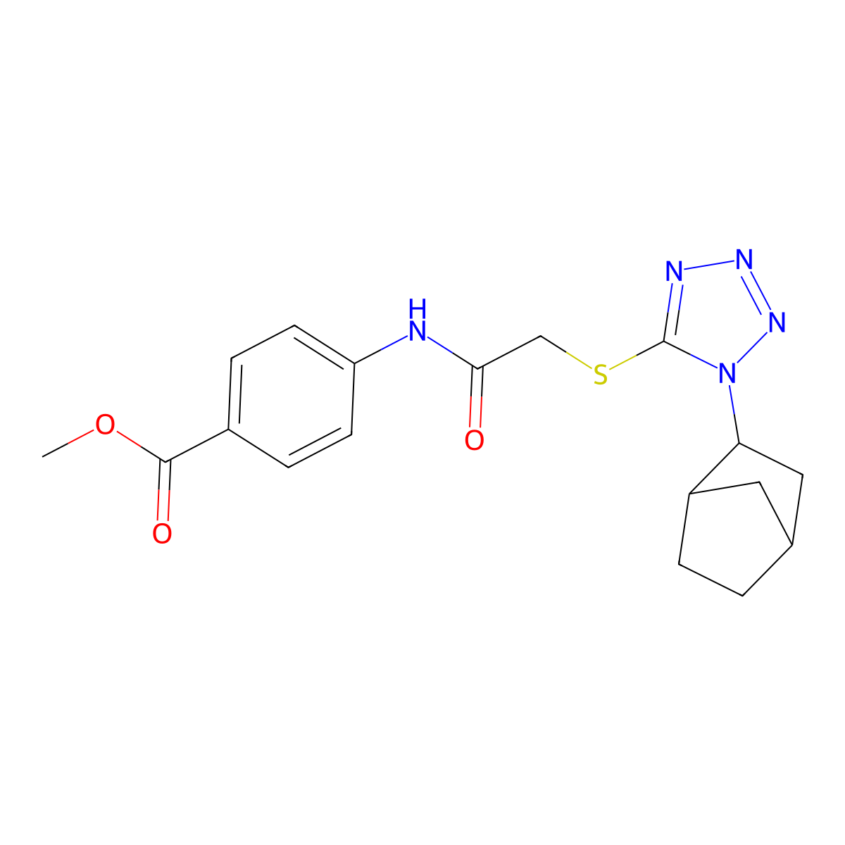 methyl 4-[({[1-(bicyclo[2.2.1]hept-2-yl)-1H-tetrazol-5-yl]sulfanyl}acetyl)amino]benzoate molecular structure, CAS 1005107-90-3