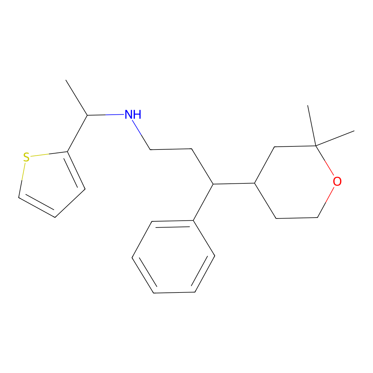 3-(2,2-dimethyloxan-4-yl)-3-phenyl-N-(1-thiophen-2-ylethyl)propan-1-amine molecular structure, CAS 1005108-01-9