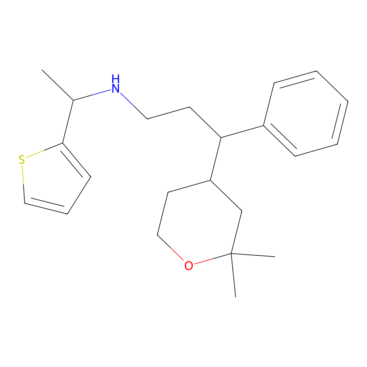 3-(2,2-dimethyloxan-4-yl)-3-phenyl-N-(1-thiophen-2-ylethyl)propan-1-amine molecular structure, CAS 1005108-01-9