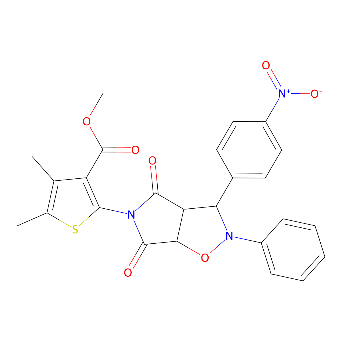 methyl 4,5-dimethyl-2-[3-(4-nitrophenyl)-4,6-dioxo-2-phenyl-3a,6a-dihydro-3H-pyrrolo[3,4-d][1,2]oxazol-5-yl]thiophene-3-carboxylate molecular structure, CAS 1005108-66-6