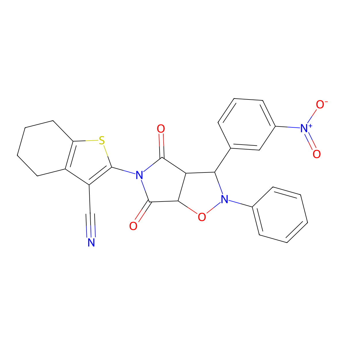 2-(3-(3-nitrophenyl)-4,6-dioxo-2-phenyltetrahydro-2H-pyrrolo[3,4-d]isoxazol-5(3H)-yl)-4,5,6,7-tetrahydrobenzo[b]thiophene-3-carbonitrile molecular structure, CAS 1005108-82-6