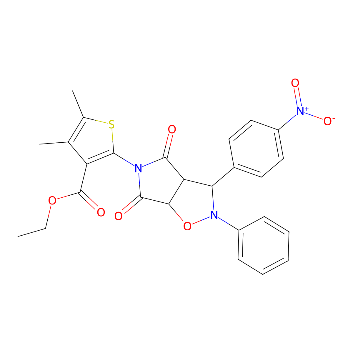 ethyl 4,5-dimethyl-2-(3-(4-nitrophenyl)-4,6-dioxo-2-phenyltetrahydro-2H-pyrrolo[3,4-d]isoxazol-5(3H)-yl)thiophene-3-carboxylate molecular structure, CAS 1005108-98-4