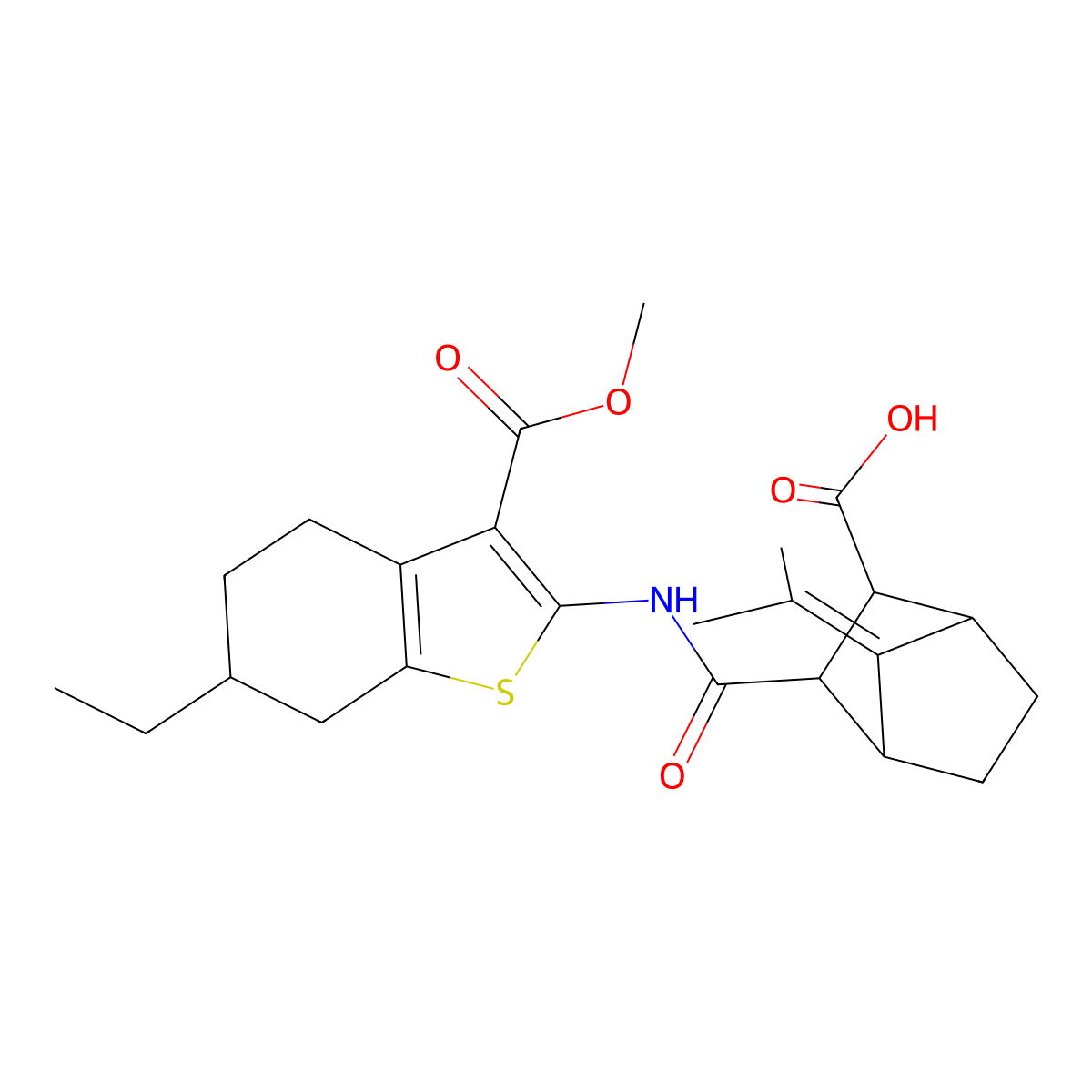 3-{[6-Ethyl-3-(methoxycarbonyl)-4,5,6,7-tetrahydro-1-benzothiophen-2-yl]carbamoyl}-7-(propan-2-ylidene)bicyclo[2.2.1]heptane-2-carboxylic acid molecular structure, CAS 1005111-18-1