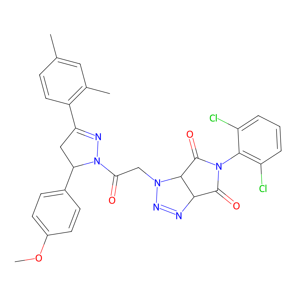 5-(2,6-dichlorophenyl)-1-{2-[3-(2,4-dimethylphenyl)-5-(4-methoxyphenyl)-4,5-dihydro-1H-pyrazol-1-yl]-2-oxoethyl}-3a,6a-dihydropyrrolo[3,4-d][1,2,3]triazole-4,6(1H,5H)-dione molecular structure, CAS 1005111-90-9