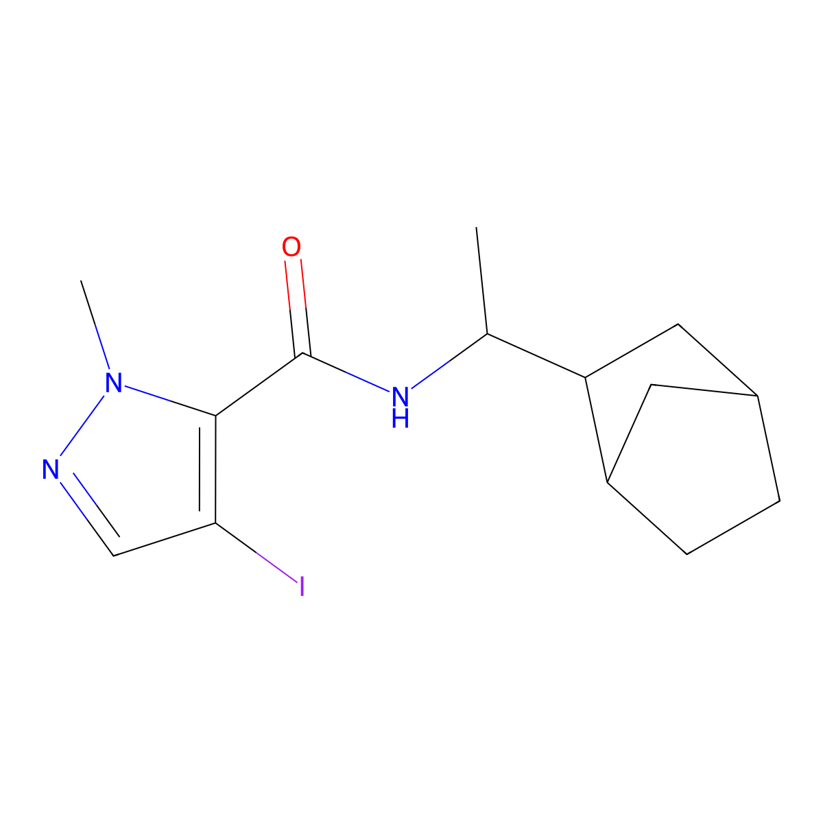 N-[1-(3-bicyclo[2.2.1]heptanyl)ethyl]-4-iodo-2-methylpyrazole-3-carboxamide molecular structure, CAS 1005111-92-1