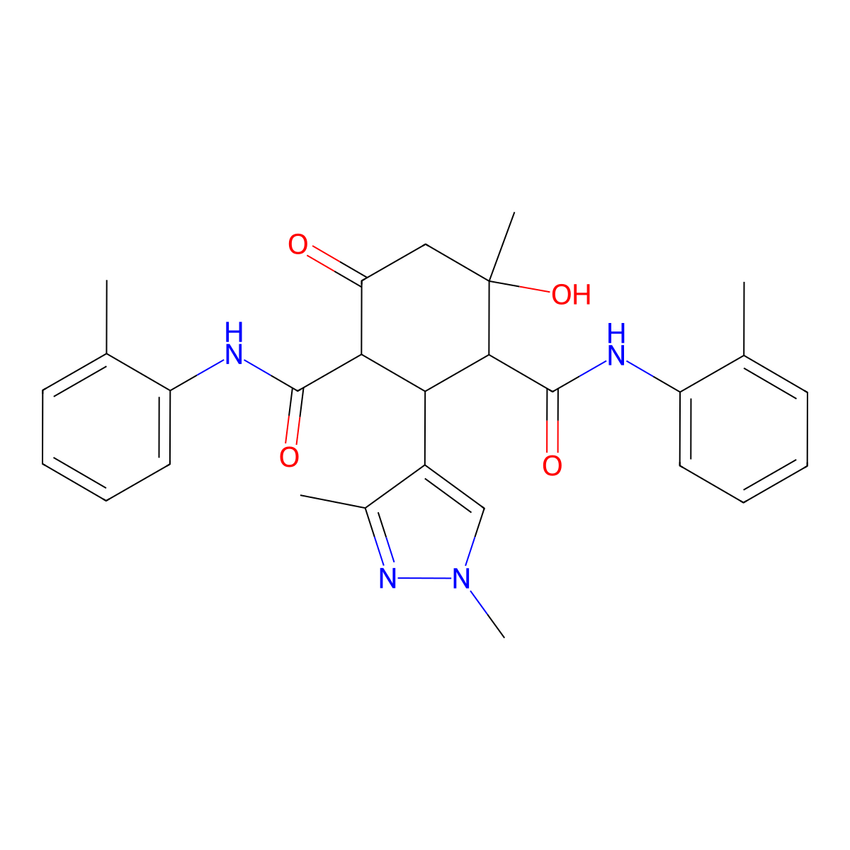 2-(1,3-dimethylpyrazol-4-yl)-4-hydroxy-4-methyl-1-N,3-N-bis(2-methylphenyl)-6-oxocyclohexane-1,3-dicarboxamide molecular structure, CAS 1005111-94-3