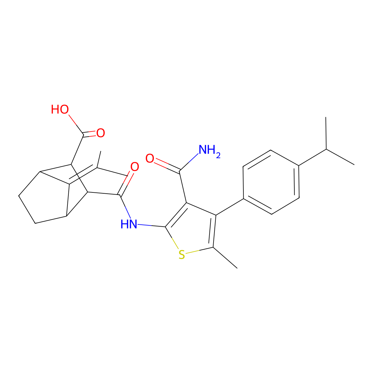 3-({[3-(Aminocarbonyl)-4-(4-isopropylphenyl)-5-methyl-2-thienyl]amino}carbonyl)-7-(1-methylethylidene)bicyclo[2.2.1]heptane-2-carboxylic acid molecular structure, CAS 1005112-32-2
