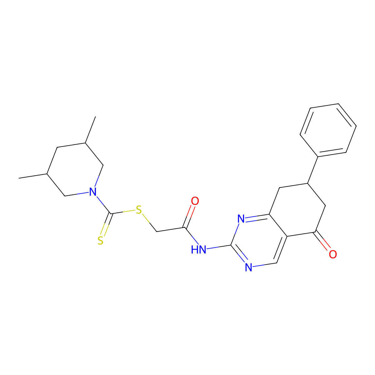 2-Oxo-2-[(5-oxo-7-phenyl-5,6,7,8-tetrahydroquinazolin-2-yl)amino]ethyl 3,5-dimethylpiperidine-1-carbodithioate molecular structure, CAS 1005115-94-5
